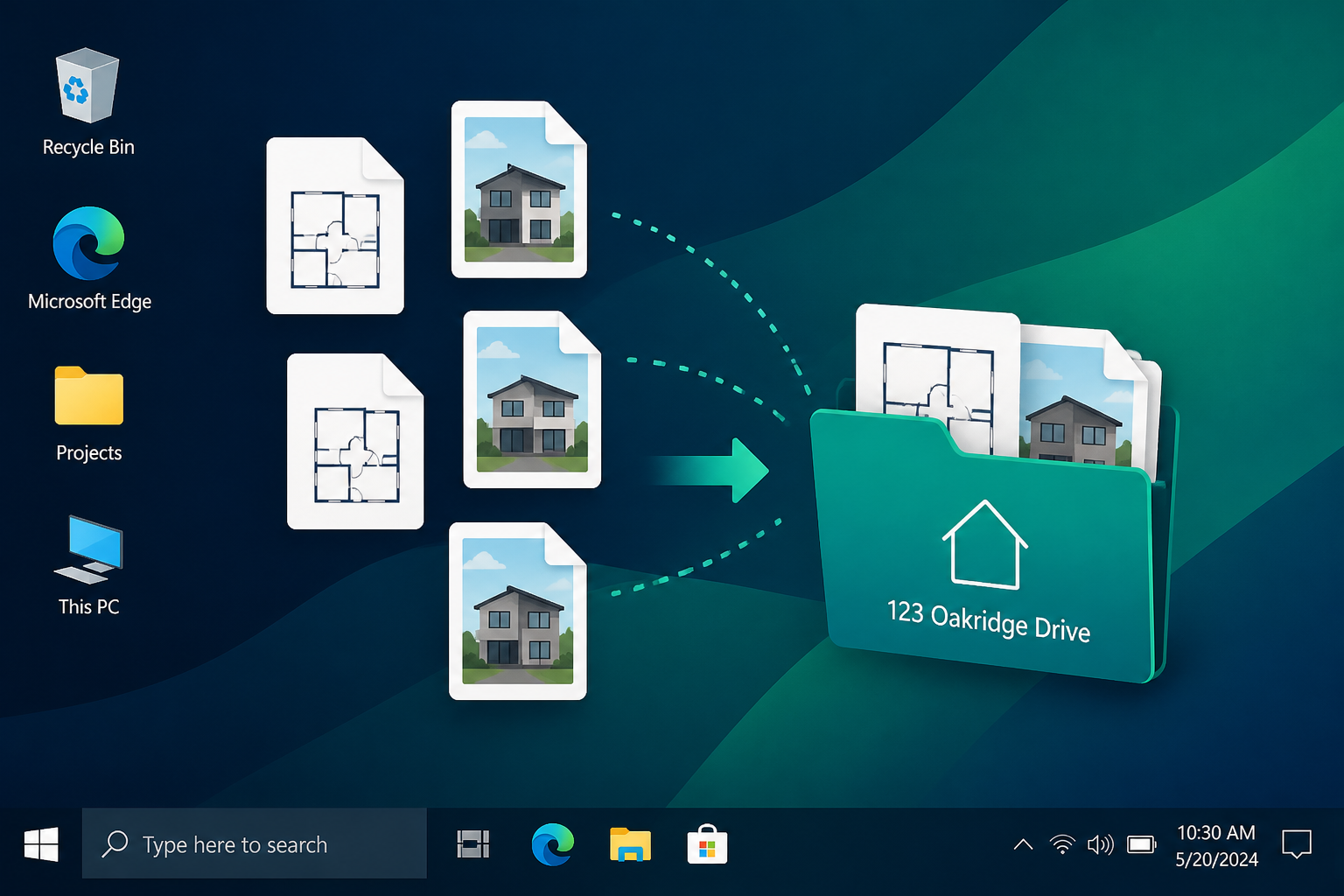 Illustration of real estate documents and house photos being merged into a single organized PDF file.