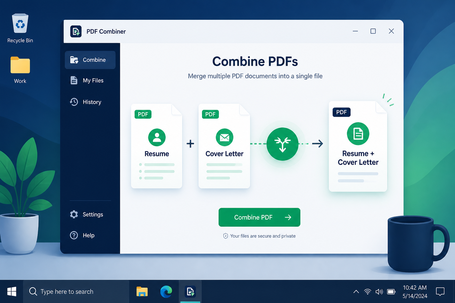 Illustration of a resume and cover letter PDF being merged into one document on a clean Windows desktop.