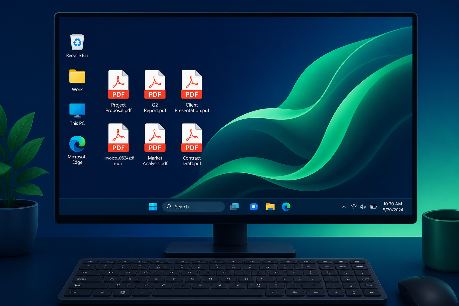 Abstract illustration of PDF documents and a keyboard on a Windows desktop, styled in navy and emerald colors.