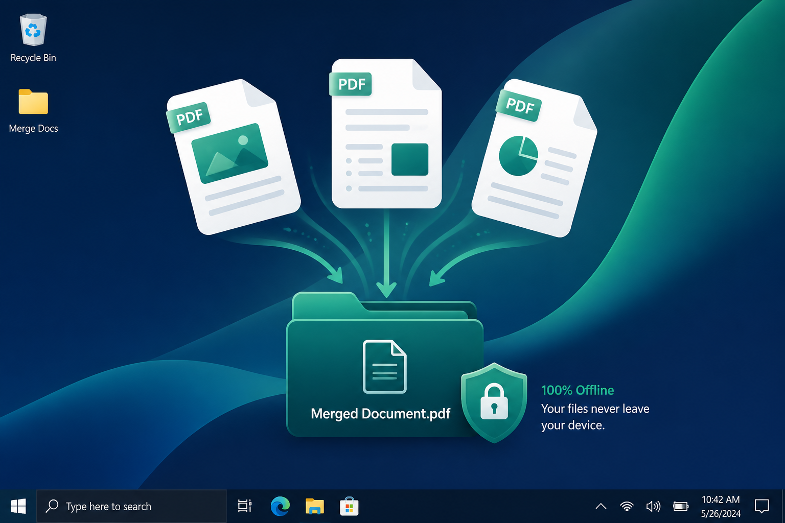 Illustration of PDF documents merging securely on a desktop without internet.